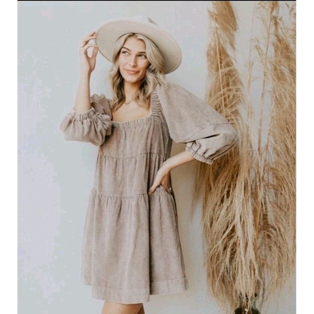 Mustard Seed Sz Medium Corduroy Tiered Short Dress Puff Sleeve Autumn Baby Doll